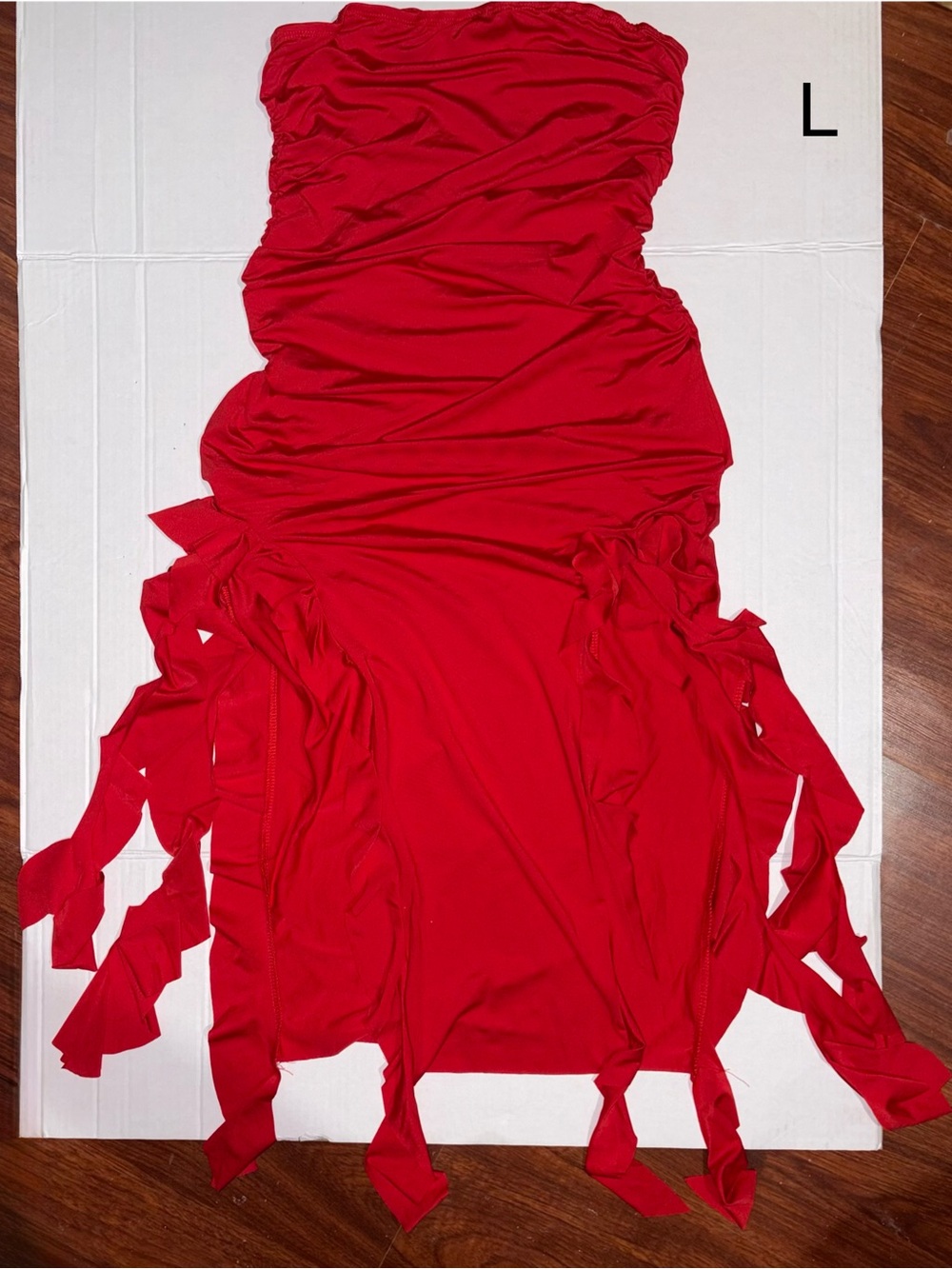 Red Strapless Ruched Fringe Dress - Women